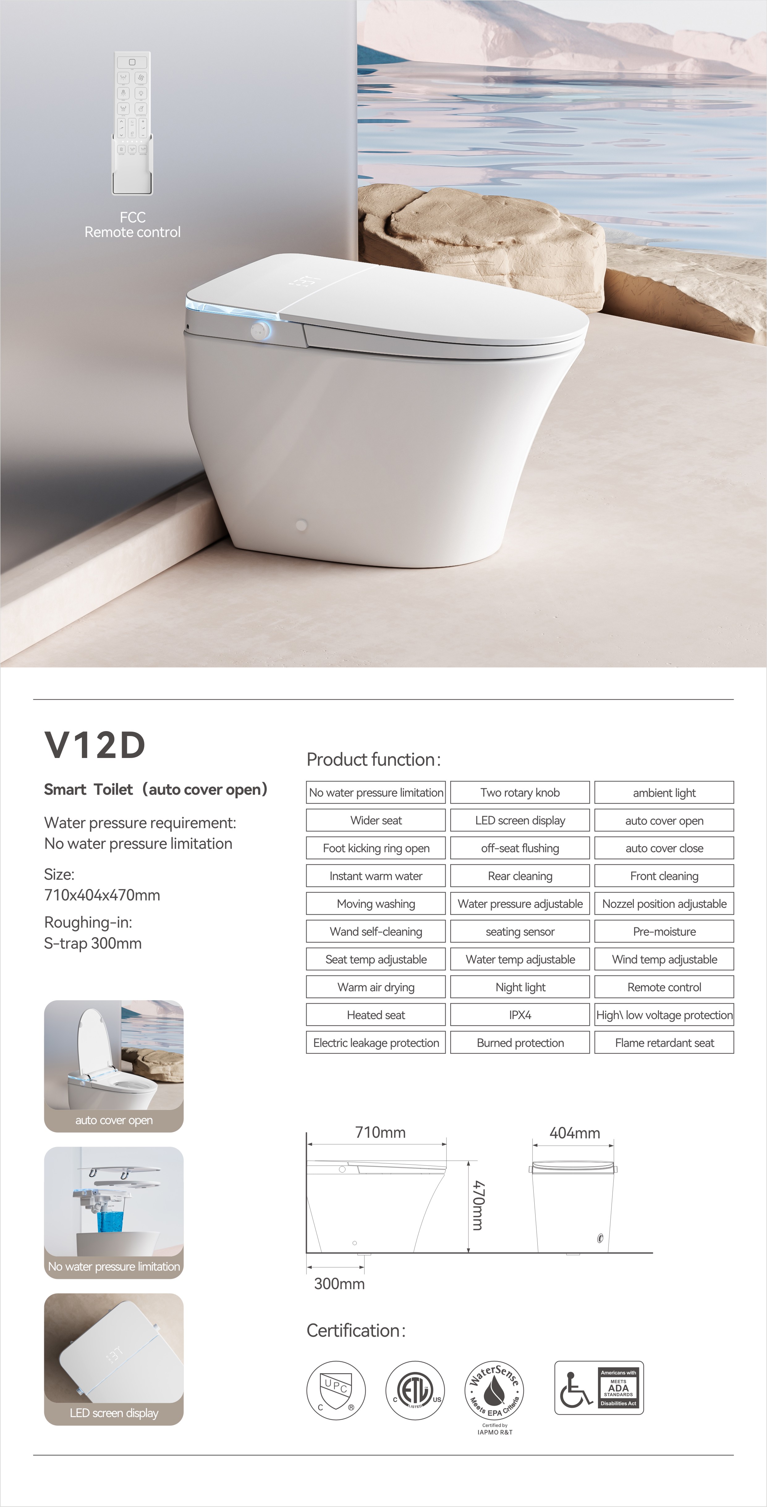 ADA Compliant Smart Toilet with Gentle Nightlight & Touchless Flush (Model V12) — Intelligent Toilet — OTOL Sanitary Ware — view 4