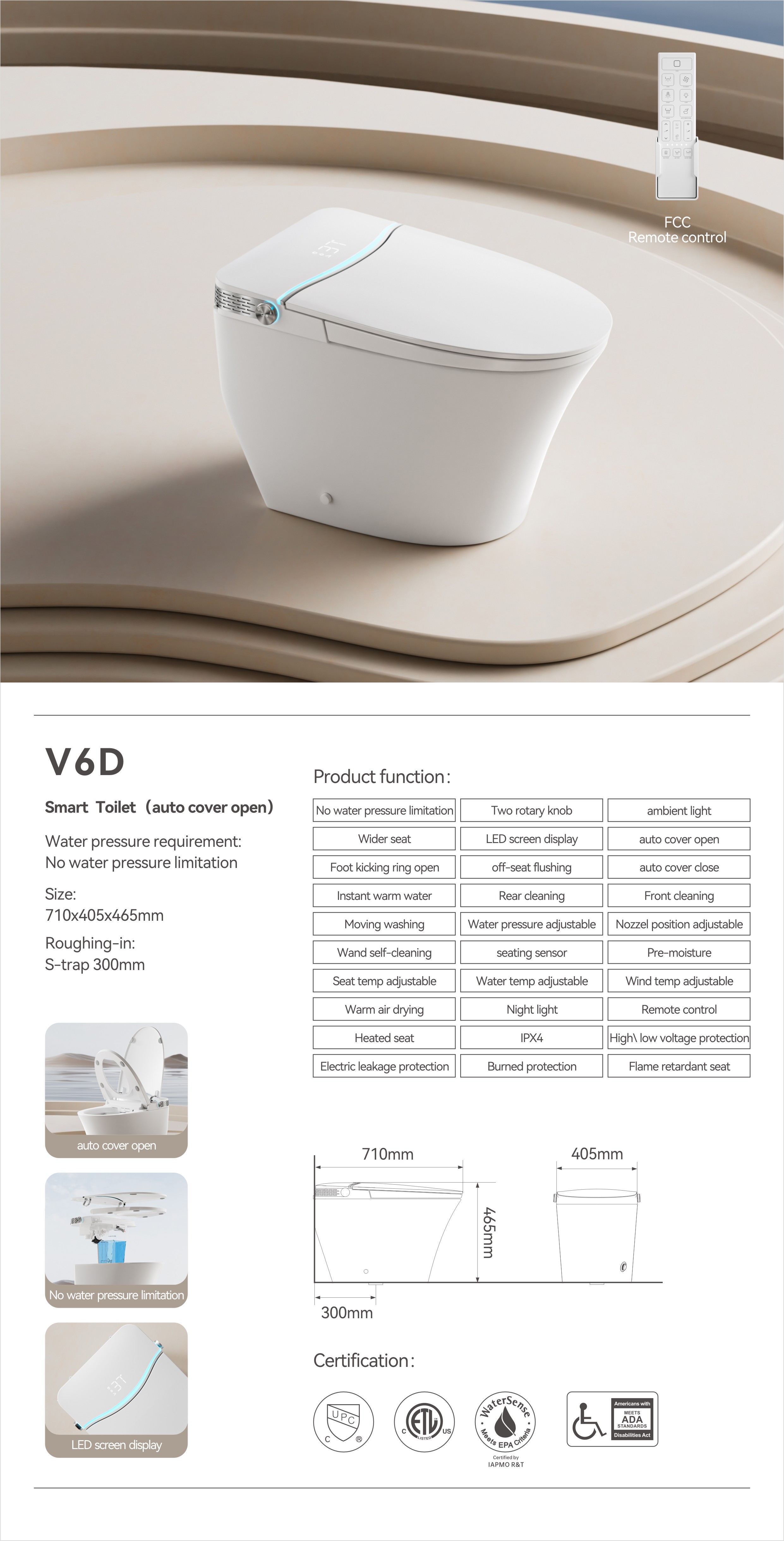 CUPC Certified Smart Toilet with LED Nightlight & Auto Bidet (Model V6) — Intelligent Toilet — OTOL Sanitary Ware — view 4