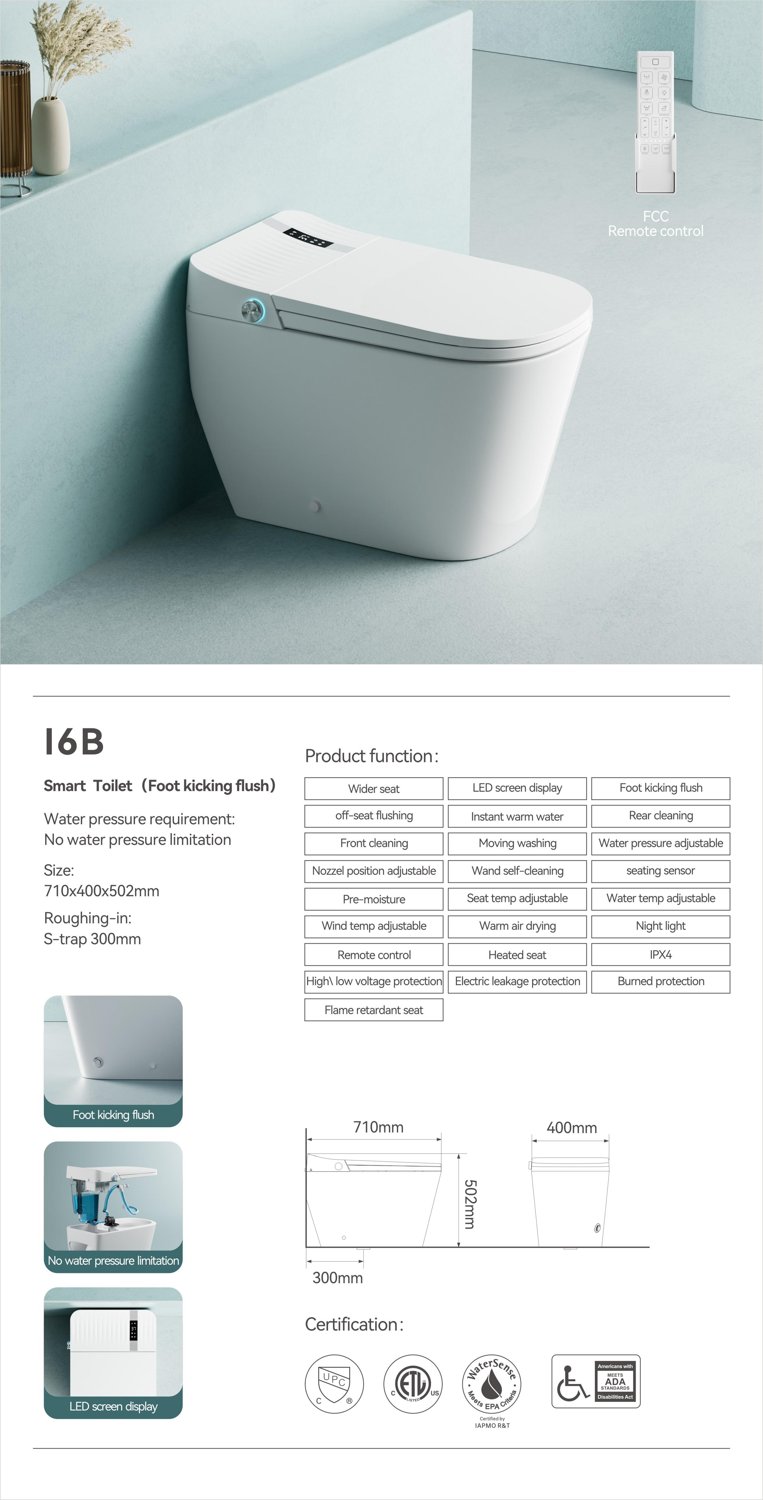 OTOL I6 smart toilet spec sheet