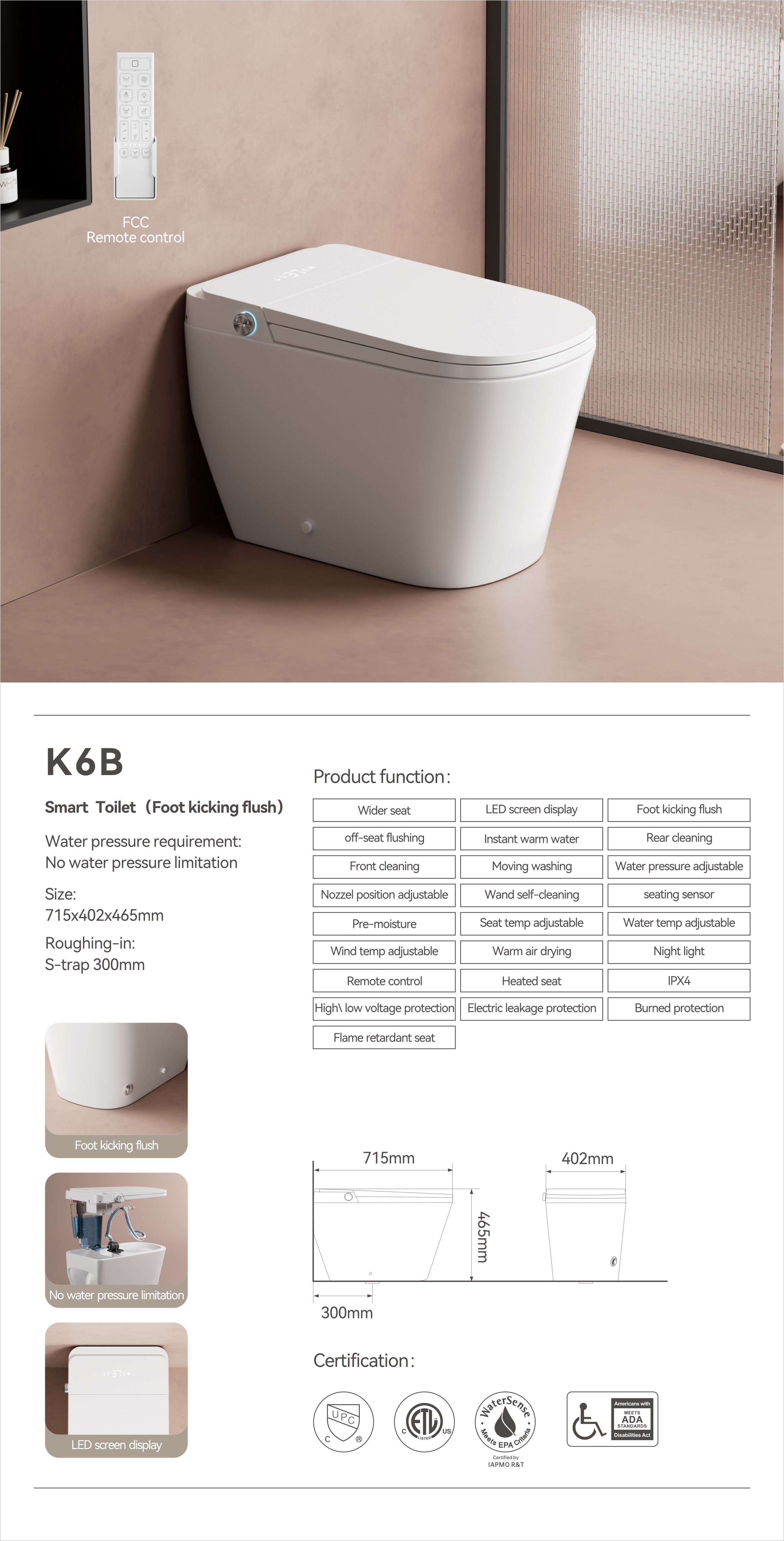 OTOL K6 smart toilet spec sheet