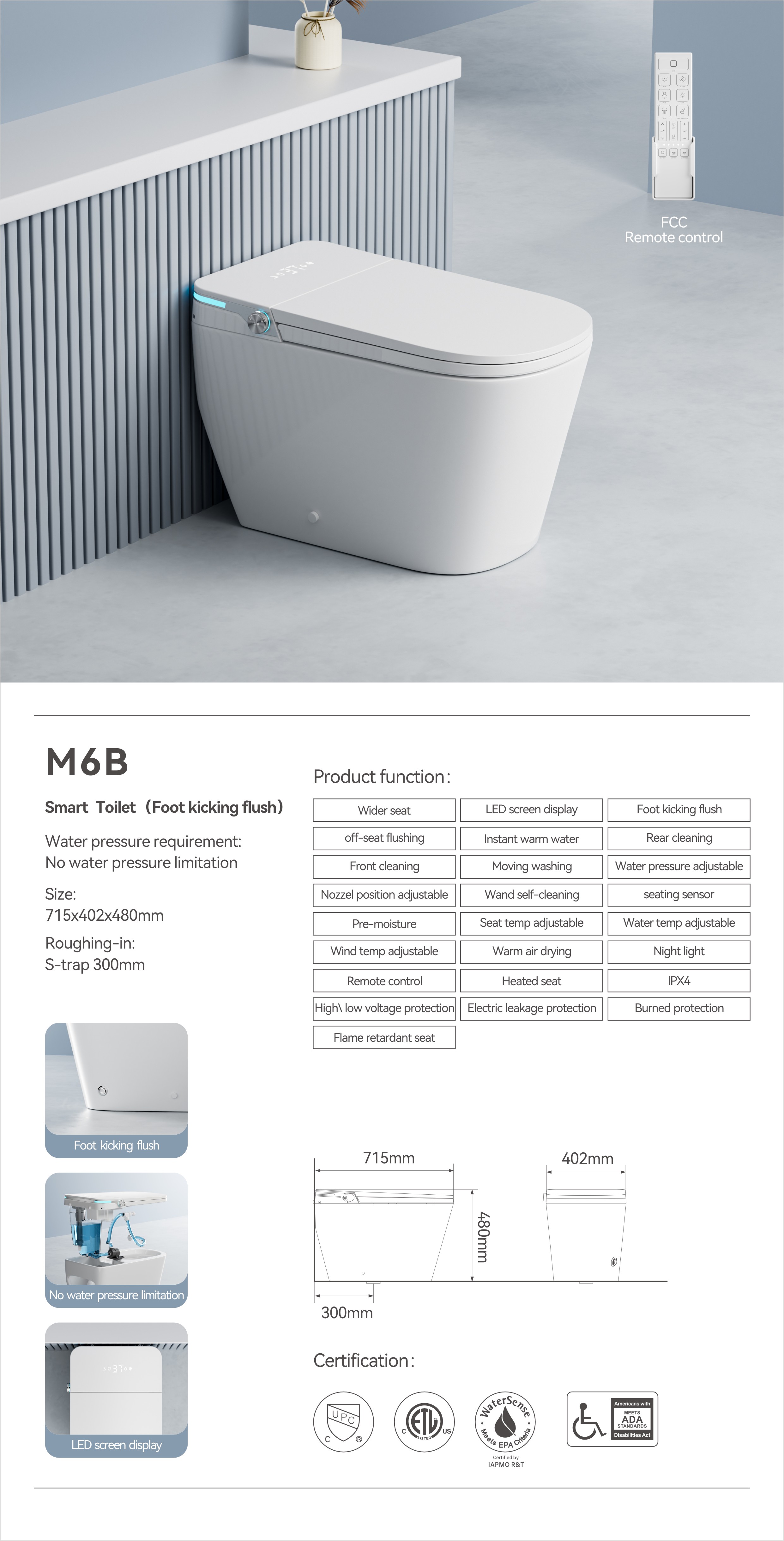 OTOL M6 smart toilet spec sheet