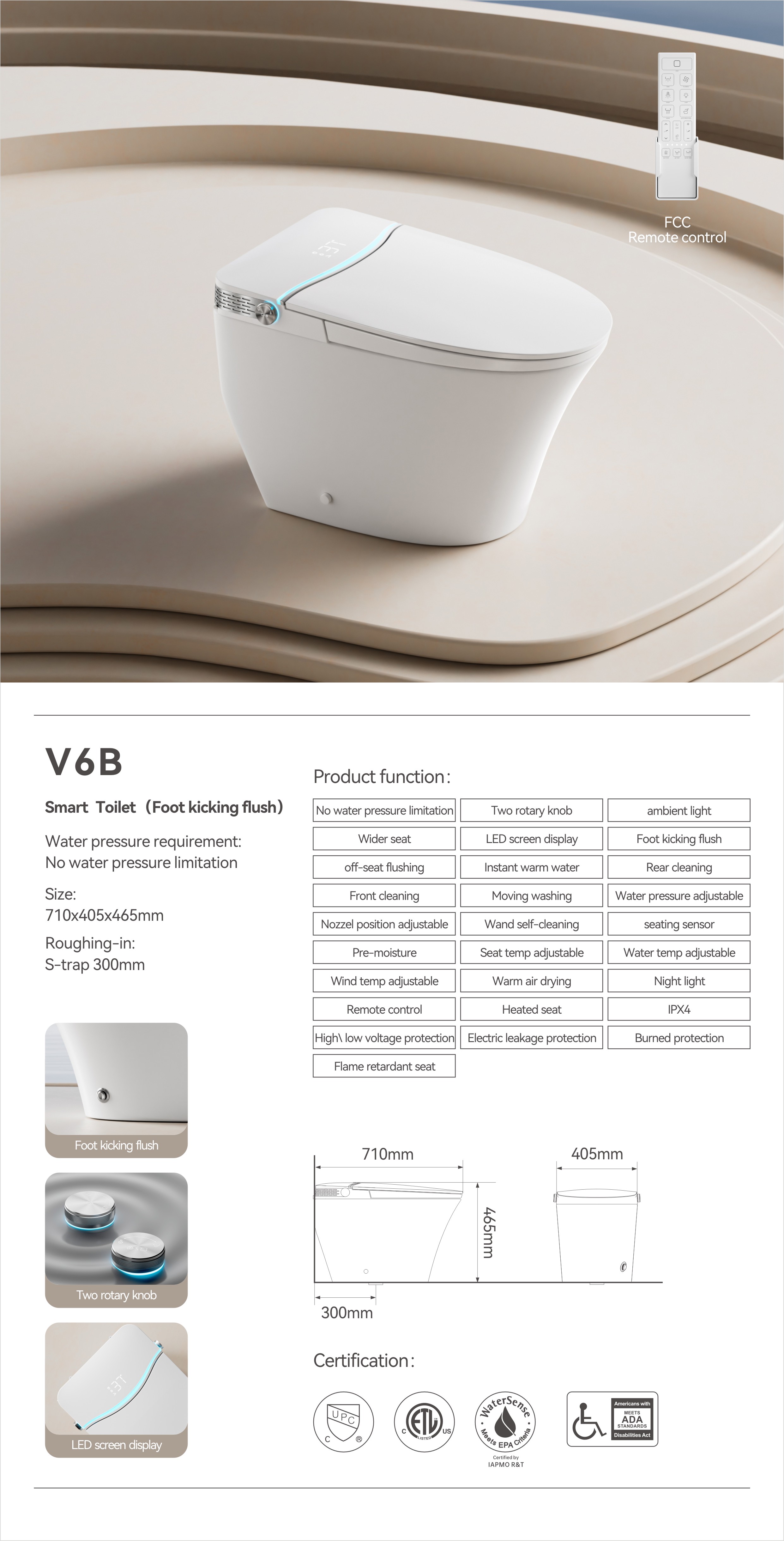 OTOL V6 smart toilet spec sheet