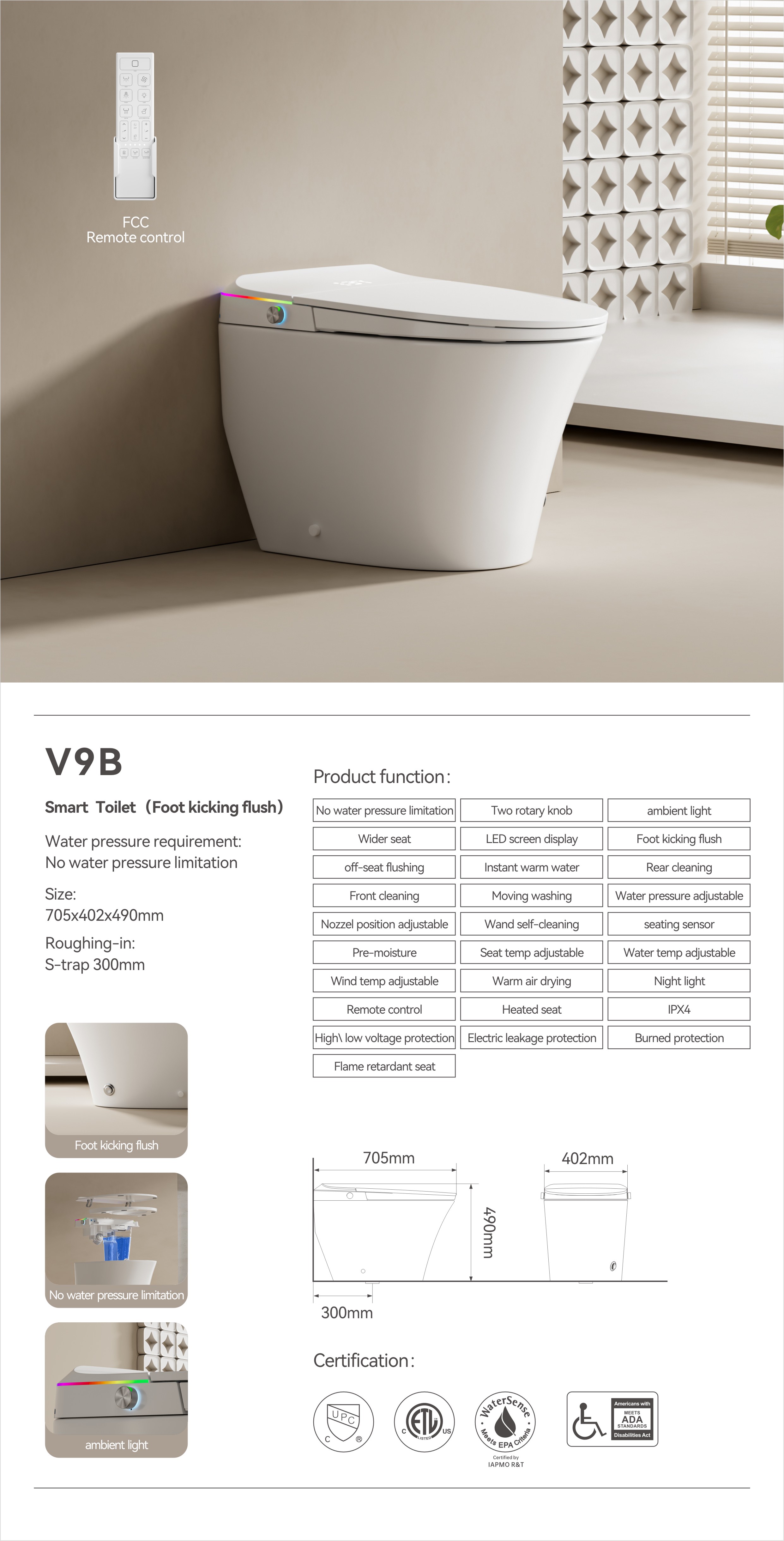 OTOL V9 smart toilet spec sheet
